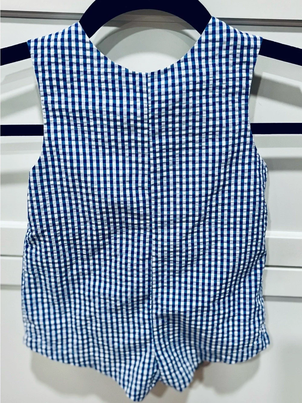 Blue Gingham Fish Appliqué Baby One-Piece 12m